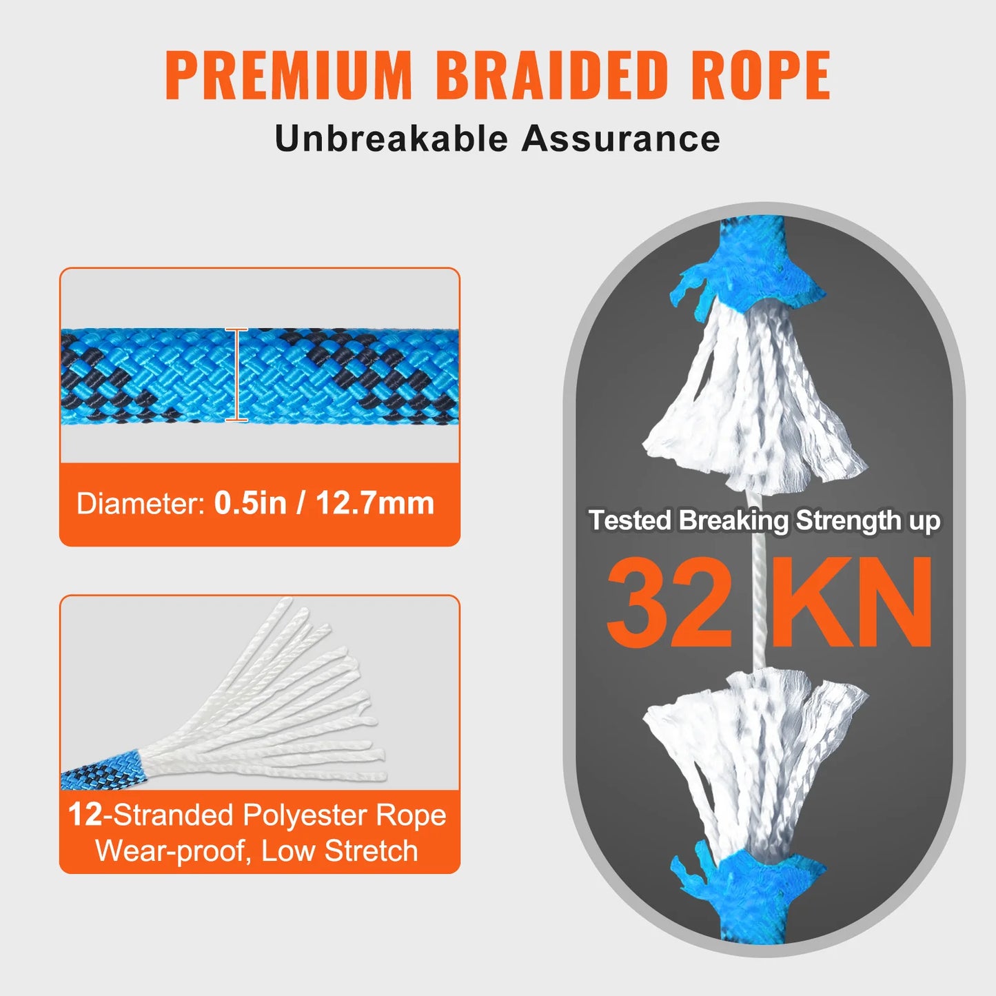 VEVOR Static Rock Climbing Rope 32kN Break Strength Outdoor Adventure