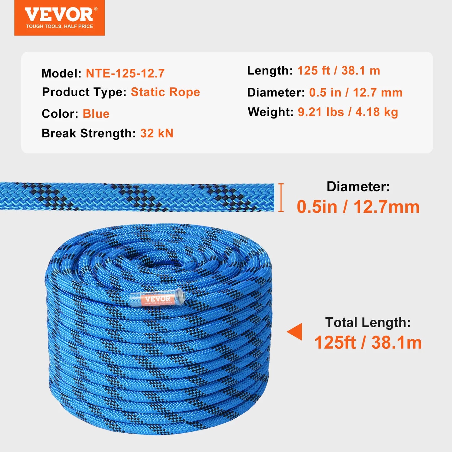 VEVOR Static Rock Climbing Rope 32kN Break Strength Outdoor Adventure