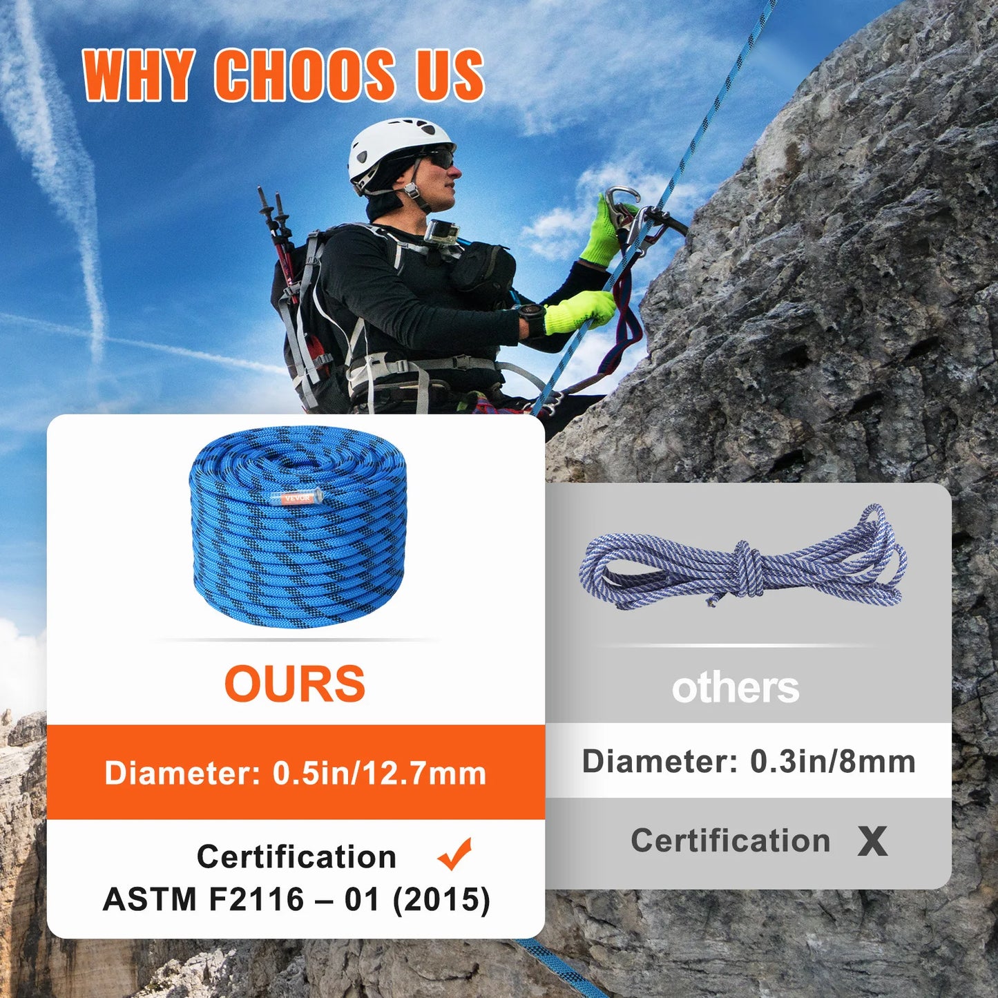 VEVOR Static Rock Climbing Rope 32kN Break Strength Outdoor Adventure