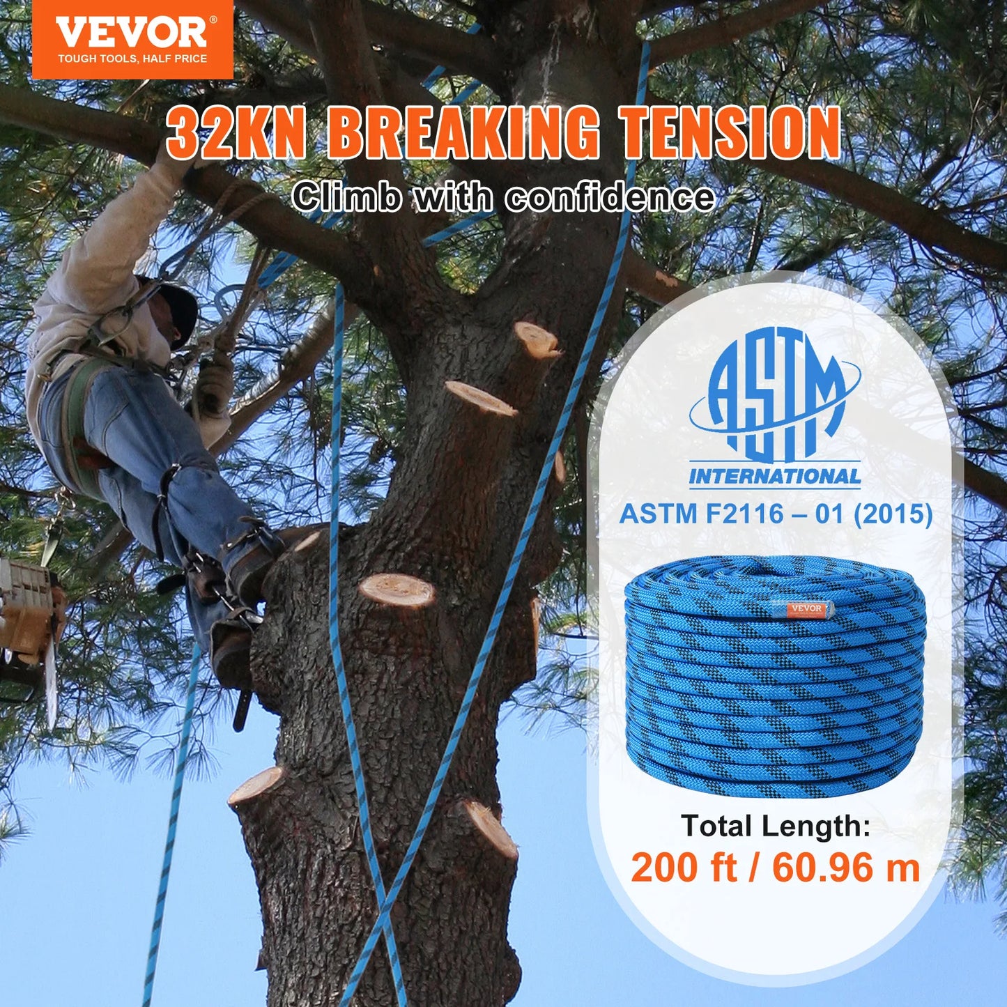 VEVOR Static Rock Climbing Rope 32kN Break Strength Outdoor Adventure